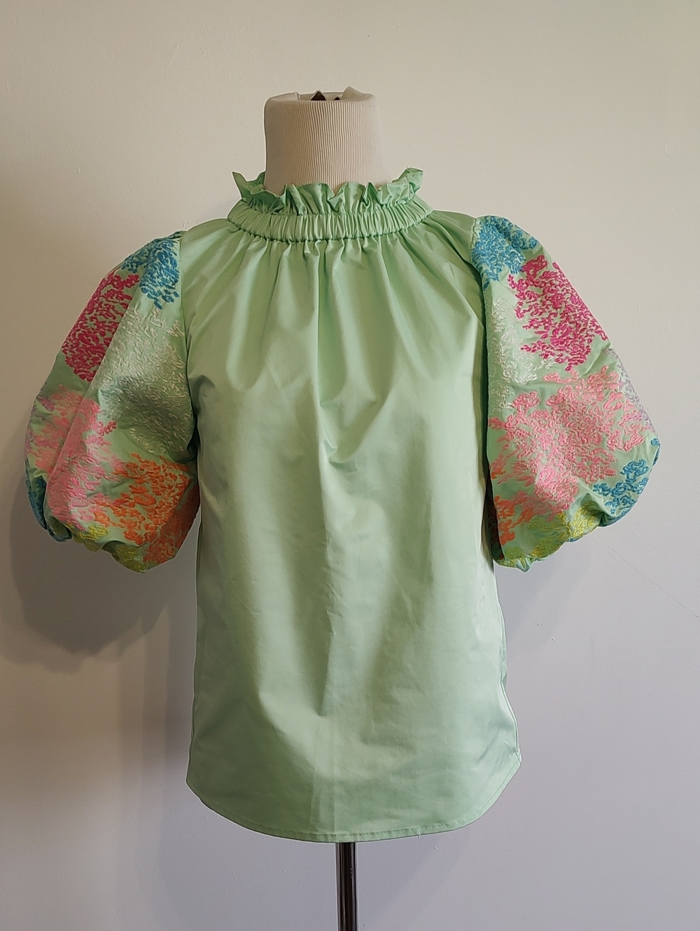 THML Pastel Green Mock Neck Embroidered Puff Balloon Sleeves